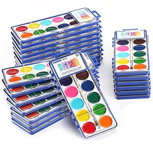Keebor 12 Colors Watercolor Paint Set for Kids, 24 Pack Washable Water Colors for Party Favors, Gifts, Classroom Supplies (Wood Brushes Included)