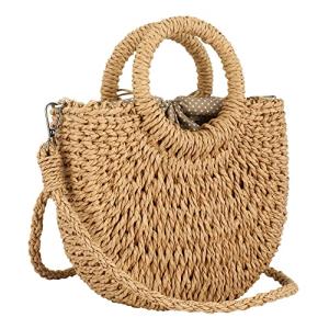 Rattan Handmade Straw Tote Handbag Beach Shoulder Bag Summer Beach Rattan Bag Straw Bag (Brown)