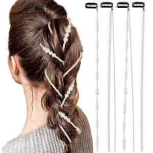 LiaSun Faux Pearls Hair Accessories Hand-made Imitation Pearl Hair Chains Hair Clip Wedding Artificial String of Pearls for Braids for Women,Pack of 4
