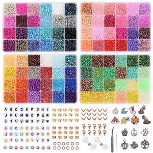QUEFE 9600pcs 4mm Glass Beads for Bracelets Kit, 96 Colors Small Beads Seed Beads Letter Beads with Pendant Charms for Jewelry Making, Craft Gifts
