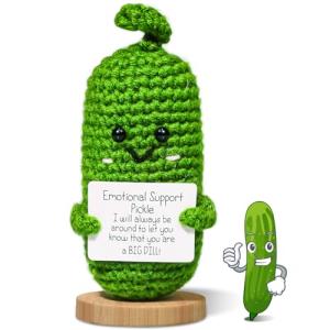 Handmade Emotional Support Pickle Gift, Cucumber Crochet Doll Inspirational Gifts with Wooden Base, Cute Knitted Cucumber Doll Funny Pickle Toy for Women, Boys, Girls