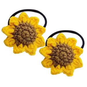 2Pcs Set Hair Ties For Girls, Handmade Cotton Sunflower Hair Rope, Tied Hair Yellow Flower Elastic Hair Bands, Lovely Ponytail Holder Hair Circl, Crochet Cute Hair Accessories for Women Girls