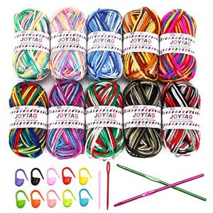 JOYTAG 10 Acrylic Yarn Skeins,Multicolor Crochet Craft for Crocheting and Knitting,with Hooks Knitting Needles Stitch Markers,Crochet Starter Kit Beginners(650 Yard/250g)