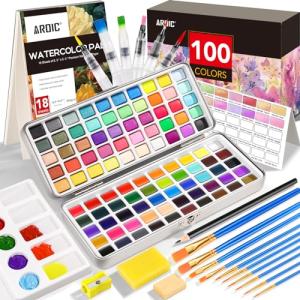 AROIC 100 Colors Watercolor Paint Set,in Portable Box,Include Pearl light & Fluorescent Color, 10 Painting Brushes, 6 Water Brush Pens, Pad, Palette and everything Else you Need, Travel Kit