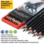 Brusarth Professional Willow Charcoal Pencils Drawing Set - 8 Pieces Soft Medium and Hard Willow Charcoal Pencils for Drawing, Sketching, Shading, Artist Pencils for Beginners & Artists