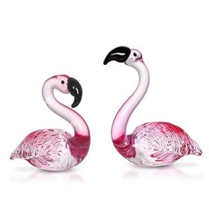 LONGWIN Handmade Art Glass Flamingo Figurines 2 Pcs/Pair Hand Blown Glass Flamingo Animal Sculpture Collectible Figurines Home and Wedding Decor