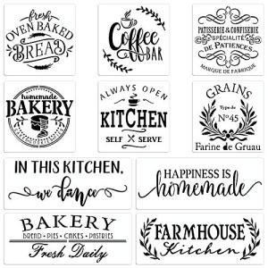 10 Set Farmhouse Kitchen Stencil, Homemade Bakery Rustic Sign Painting Stencils for Home Dining Room Wall Decoration Reusable Templates DIY Wood Sign
