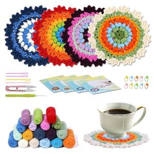 PTFJZ Crochet Kit for Beginners with Step-by-Step Video Tutorials for Adult Knitting Kit DIY Crochet Starter Kit (Teacup Mat 4Pcs)
