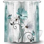 VeiVian Rustic Farmhouse Shower Curtain, Farm Teal Daisy Floral Flowers and Butterfly on Country Wooden Shower Curtain for Bathroom, Turquoise Blue with 12PCS Hooks, 70X70IN