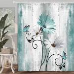 VeiVian Rustic Farmhouse Shower Curtain, Farm Teal Daisy Floral Flowers and Butterfly on Country Wooden Shower Curtain for Bathroom, Turquoise Blue with 12PCS Hooks, 70X70IN