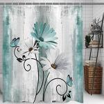 VeiVian Rustic Farmhouse Shower Curtain, Farm Teal Daisy Floral Flowers and Butterfly on Country Wooden Shower Curtain for Bathroom, Turquoise Blue with 12PCS Hooks, 70X70IN