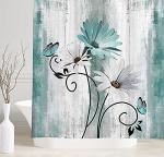 VeiVian Rustic Farmhouse Shower Curtain, Farm Teal Daisy Floral Flowers and Butterfly on Country Wooden Shower Curtain for Bathroom, Turquoise Blue with 12PCS Hooks, 70X70IN