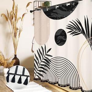 GiuMsi 72"X72" Boho Mid Century Black and White Shower Curtain Sets with Tassel Pendants Arch Sun Modern Minimalistic Leaves Bathroom Curtains Waterproof Ployester 12 Hooks Home Decorations