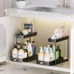 Delamu 2 Pack Under Sink Organizers and Storage, 2 Tier Pull Out Bathroom Cabinet Organizer, L-Shape Black Under Bathroom Kitchen Sink Organizer with Drawer for Under Sink Storage Organizer