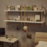 Bestier Floating Shelves Kitchen Shelves Wall Mounted 24" 2 Tier Ladder Shelves with Tower Bar, Wall Decor for Bathroom, Bedroom, Living Room, Coffee bar & Balcony - White Marble