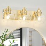 Tuscarora Gold Bathroom Light, Gold Vanity Light 3 Light Bathroom Vanity Light Brushed Gold Vanity Lighting with Clear Glass Shade,Bathroom Light Over Mirror,Bathroom Lighting Fixtures for Mirror