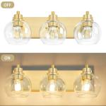 Tuscarora Gold Bathroom Light, Gold Vanity Light 3 Light Bathroom Vanity Light Brushed Gold Vanity Lighting with Clear Glass Shade,Bathroom Light Over Mirror,Bathroom Lighting Fixtures for Mirror