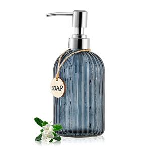 MOCLIF 16 OZ Soap Dispenser，Tempered Glass Clear Vertical Stripe with 304 Rust Proof Stainless Steel Pump Refillable Liquid Hand Soap Dispenser，for Bathroom, Kitchen, Dish Soap，Lotion (Blue Grey)