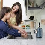 MOCLIF 16 OZ Soap Dispenser，Tempered Glass Clear Vertical Stripe with 304 Rust Proof Stainless Steel Pump Refillable Liquid Hand Soap Dispenser，for Bathroom, Kitchen, Dish Soap，Lotion (Blue Grey)