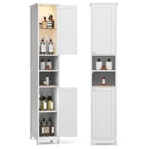VASAGLE Tall Bathroom Cabinet with Lights, Slim Bathroom Storage Cabinet, Freestanding Narrow Cabinet with Adjustable Shelves, Open compartments, for Small Spaces, Modern, Cloud White UBBC566W02