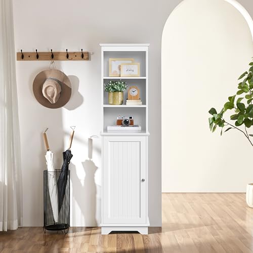 Yaheetech Bathroom Storage Cabinet, Tall Slim Cabinet with 3 Shelves & Door, Floor Freestanding Linen Cabinet for Bathroom, Living Room, 16 x 12 x 60.5 Inches, White