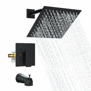 Modern Shower Faucet Set,8-Inch High Pressure Rainfall Shower Head,Complete Rain Shower System with Bathtub Spout and Rough-in Valve Trim kit(Matte Black)