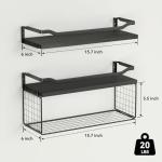 WOPITUES Floating Shelves with Wire Storage Basket, Bathroom Shelves Over Toilet with Protective Metal Guardrail, Wood Wall Shelves for Bathroom, Bedroom, Living Room, Toilet Paper-Black