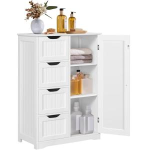 Yaheetech Wooden Floor Cabinet, Side Storage Organizer with 4 Drawers and 1 Cupboard, Freestanding Entryway Storage Unit Console Table, Bathroom Furniture Home Decor, White