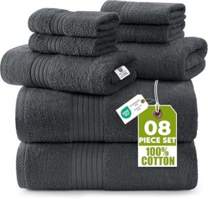 Utopia Towels 8-Piece Premium Towel Set, 2 Bath Towels, 2 Hand Towels, and 4 Wash Cloths, 100% Ring Spun Cotton Highly Absorbent Towels for Bathroom, Sports, and Hotel (Grey)