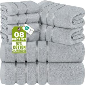Utopia Towels 8-Piece Luxury Towel Set, 2 Bath Towels, 2 Hand Towels, and 4 Wash Cloths, 600 GSM 100% Ring Spun Cotton Highly Absorbent Viscose Stripe Towels Ideal for Everyday use (Cool Grey)