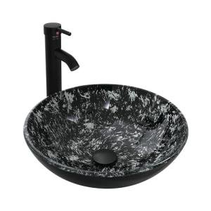 Bathroom Vessel Sink, 16.5" Artistic Glass Bathroom Bowl Basin with Faucet, Mounting Ring and Pop Up Drain, Black