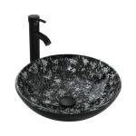 Bathroom Vessel Sink, 16.5" Artistic Glass Bathroom Bowl Basin with Faucet, Mounting Ring and Pop Up Drain, Black
