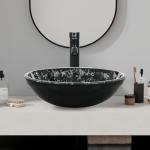 Bathroom Vessel Sink, 16.5" Artistic Glass Bathroom Bowl Basin with Faucet, Mounting Ring and Pop Up Drain, Black