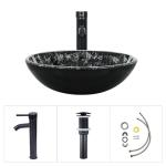 Bathroom Vessel Sink, 16.5" Artistic Glass Bathroom Bowl Basin with Faucet, Mounting Ring and Pop Up Drain, Black