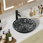 Bathroom Vessel Sink, 16.5" Artistic Glass Bathroom Bowl Basin with Faucet, Mounting Ring and Pop Up Drain, Black