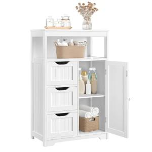 Yaheetech Bathroom Floor Cabinet Wooden Storage Organizer with 1 Door and 3 Drawers, Free-Standing Cupboard for Kitchen/Living Room/Bathroom Use, White