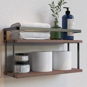RICHER HOUSE Dual-Level Guardrail Bathroom Shelves, Wood Floating Shelf Wall Mounted, Over Toilet Paper Storage Shelf for Bathroom Wall Decor, Bathroom Organizers and Kitchen Storage - Rustic Brown