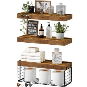 QEEIG Bathroom Shelves Over Toilet Wall Mounted Floating Shelves Farmhouse Shelf Toilet Paper Holder Small 16 inch Set of 3, Rustic Brown (019-BN3)