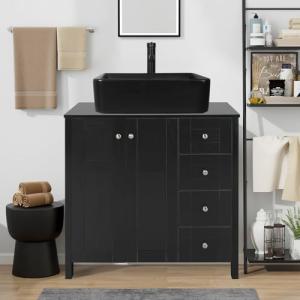 Puluomis 32-Inch Traditional Bathroom Vanity Set in Black Finish, Single Bathroom Vanity with 4 Drawers, Black Ceramic Sink Top with Single Faucet Hole