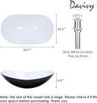 Davivy 24.5'' X 13.8'' Large Matte Black Oval Vessel Sink with Pop Up Drain,Boat Shape Ceramic Bathroom Vessel Sink,Bathroom Sinks Above Counter,Matte Black and White Vessel Sink for Bathroom (Large)