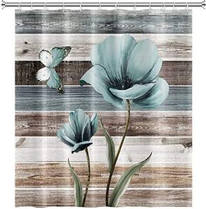 Cnayuep Shower Curtain, Farmhouse Shower Curtains for Bathroom, Rustic Shower Curtain Set Shower Curtains, Teal Floral Bathroom Shower Curtain Sets, Waterproof Bathroom Curtain Bathroom Decor 72"X72"