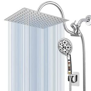 Voolan High Pressure Rain Shower Head with Handheld Combo, 10'' Square Shower Head with 13'' Adjustable Curved Shower Extension Arm, 9 Settings Handheld Filtered Shower with Holder and Hose (Modern)