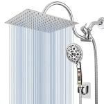 Voolan High Pressure Rain Shower Head with Handheld Combo, 10'' Square Shower Head with 13'' Adjustable Curved Shower Extension Arm, 9 Settings Handheld Filtered Shower with Holder and Hose (Modern)