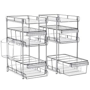 WAKISA Clear Bathroom Organizers 2 Sets 3 Tier, Stackable Under Kitchen Sink Organizers and Storage with 12 Dividers, acrylic pantry organizers shelf, Multi Purpose Pull Out Home Organizer with 2 Cups