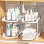 Sevenblue 2 Pack Multi-Purpose Bathroom Under Sink Organizers and Storage, 2-Tier Stackable bathroom cabinet organizer, Pull Out Medicine Cabinet Organizer with 8 Movable Dividers