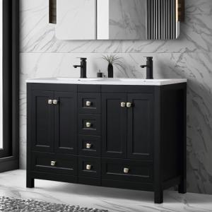 eclife 48" Bathroom Vanities Cabinet with Sink Combo Set, Undermount Double Resin Sink w/Thickened Wood, Matte Black Faucet, Painted Surface, Black
