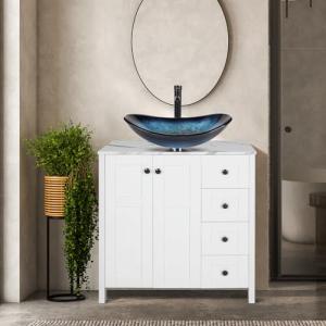 Puluomis 32 Inches Traditional Bathroom Vanity Set in White Finish, Single Bathroom Vanity with Marble Texture Top and 4 Drawers, Boat Blue Glass Sink Top with Single Faucet Hole
