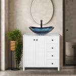 Puluomis 32 Inches Traditional Bathroom Vanity Set in White Finish, Single Bathroom Vanity with Marble Texture Top and 4 Drawers, Boat Blue Glass Sink Top with Single Faucet Hole