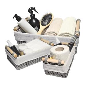 Stackzey Bathroom Baskets for Organizing - Set of 3 Toilet Paper Storage Basket for Countertop with Decorative Wooden Handles, Toilet Tank Topper, Multiuse Hand Woven Baskets for Bathroom Decor, Grey