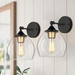 Farmhouse Wall Sconces Set of 2, Vintage Bathroom Vanity Light Fixtures with Glass Shades, Modern Bedside Wall Mount Lamps, Black and Gold Indoor Lighting for Stairwell Hallway Bedroom Living Room
